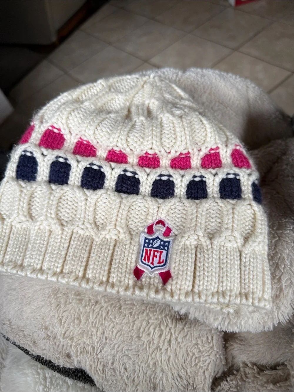 NFL Ivory Cable Knit Beanie with Pink & Navy Accents